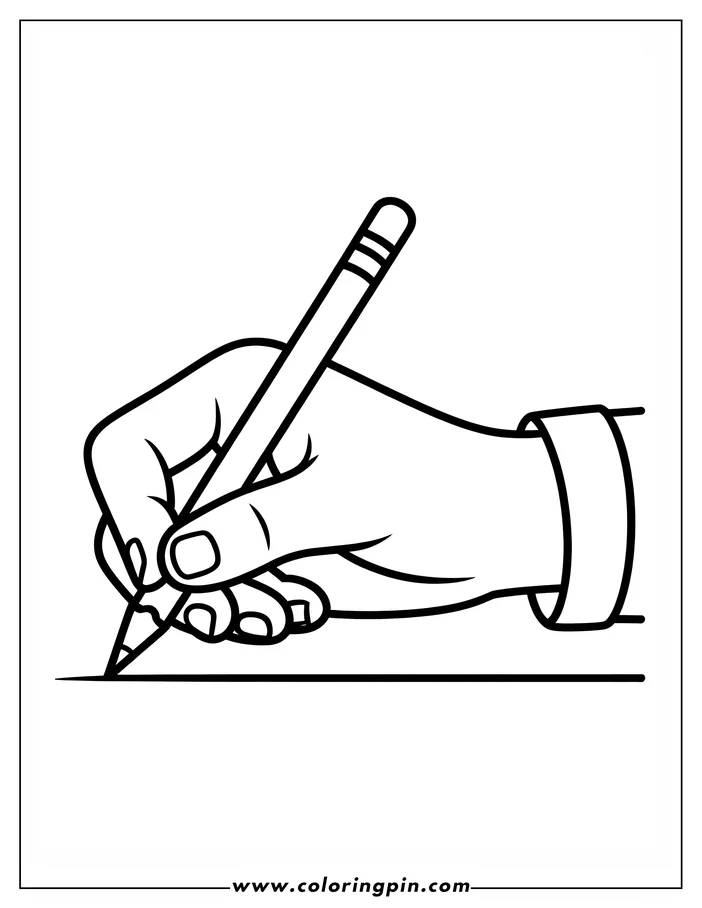 Line art of a hand holding a pencil, writing on a line. The pencil has an eraser and three stripes near the top.