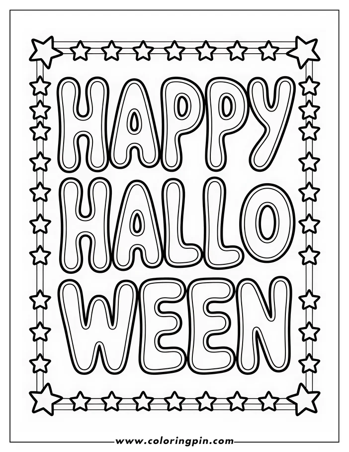 Simple coloring page design featuring the words "Happy Halloween" in a bold, bubbly font. The words are surrounded by a border of stars. This line art image is perfect for Halloween-themed coloring activities.