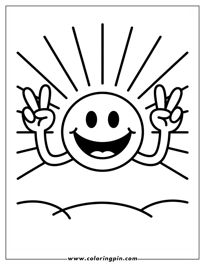 Line art of a cartoon sun making the peace sign with rays of light behind and a simple landscape below.
