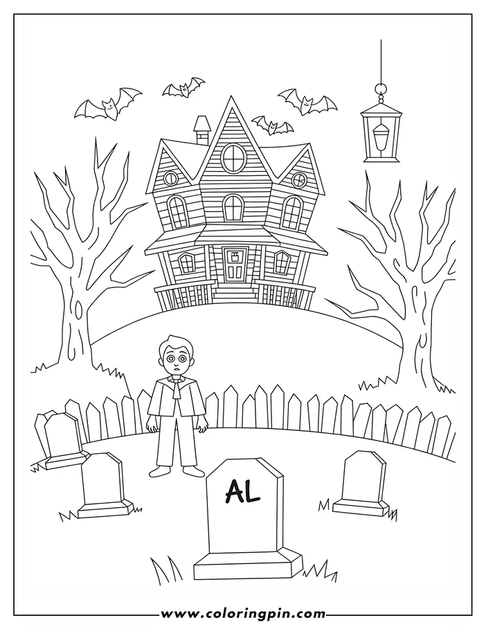 Outline of a haunted house on a hill, with bats flying around and a boy standing near tombstones in a graveyard.