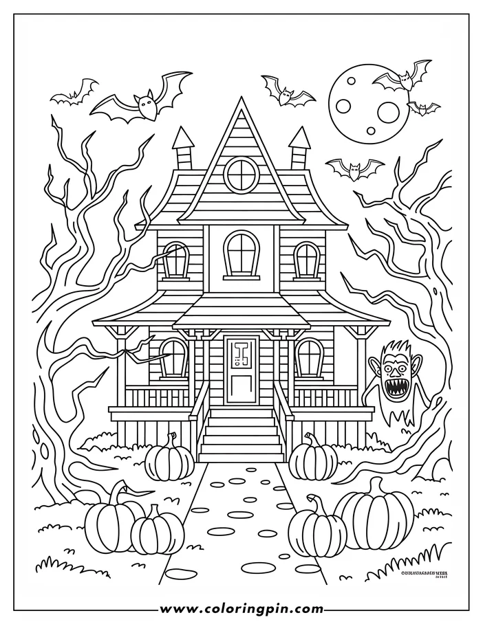 Line art of a haunted house with pumpkins at the front steps and bats flying around under a full moon. A creepy monster hides behind a gnarled tree.