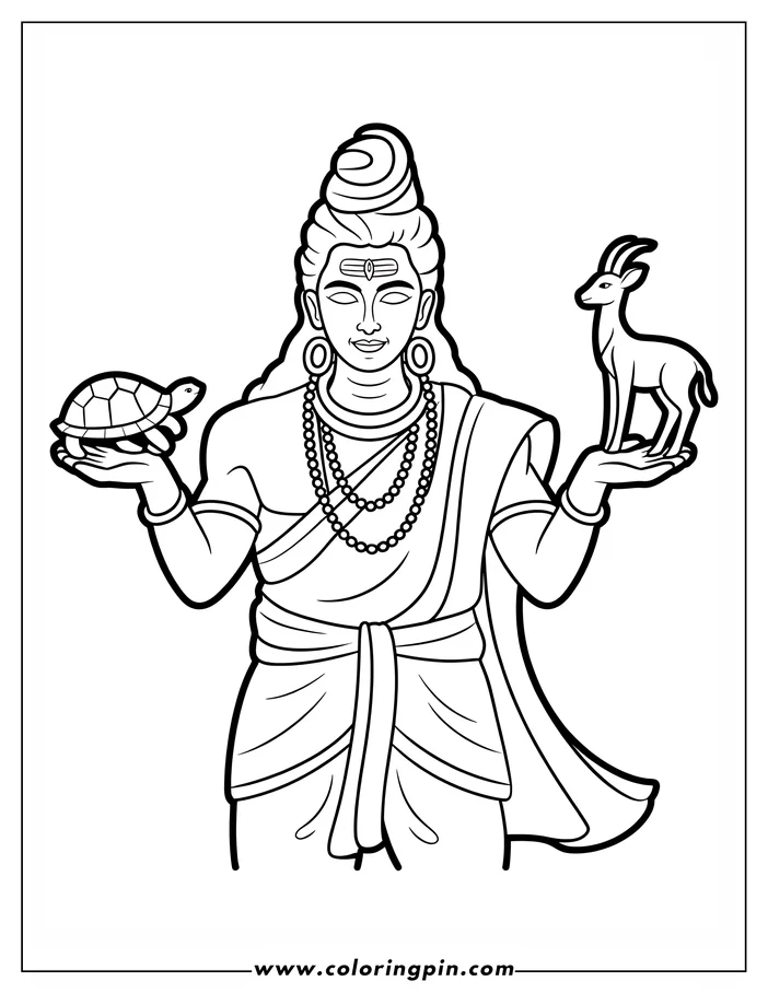 Line art of the Hindu deity Shiva holding a tortoise and an antelope.