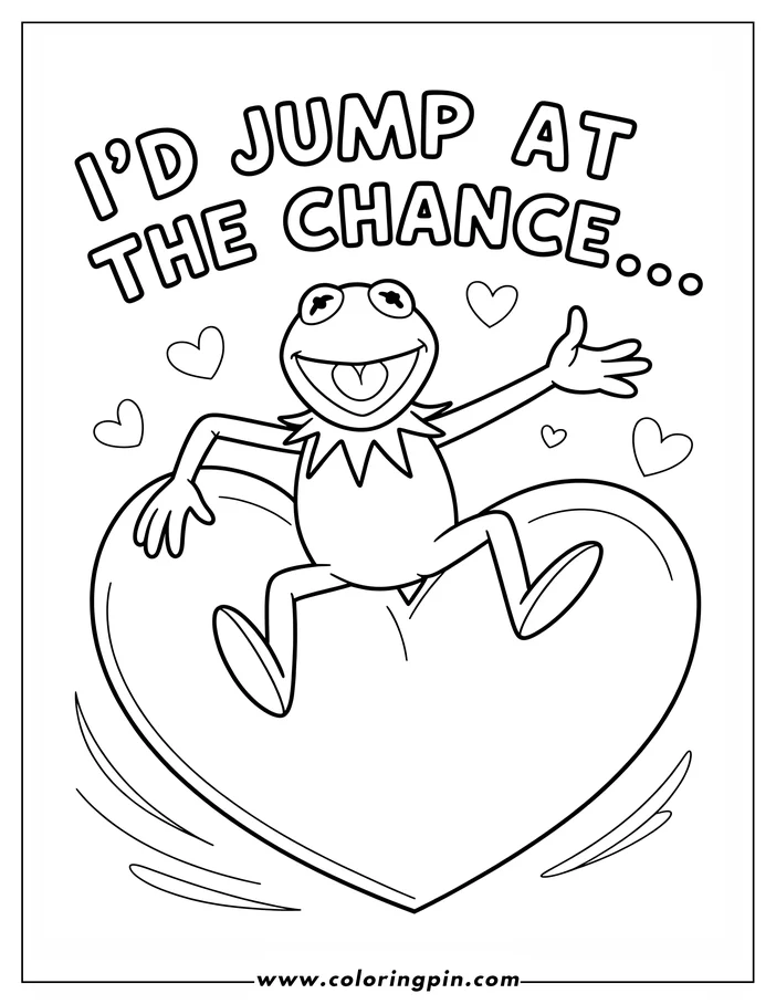 Line art illustration of Kermit the Frog jumping onto a large heart for Valentine's Day.  He is smiling and has his arms outstretched, surrounded by smaller hearts. This simple cartoon drawing is designed as a coloring sheet.