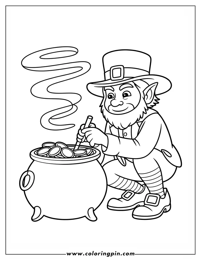 Line art of a leprechaun stirring a pot of gold coins. He is wearing a hat and buckled shoes.