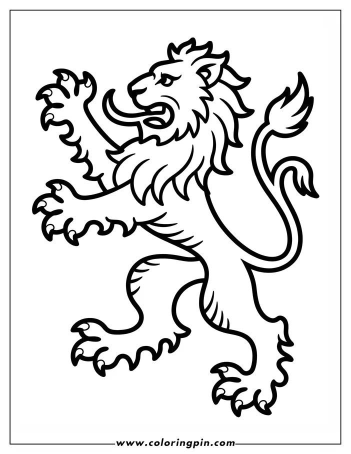 Line art of a lion rampant, standing on its hind legs with forelegs raised and tail curled.