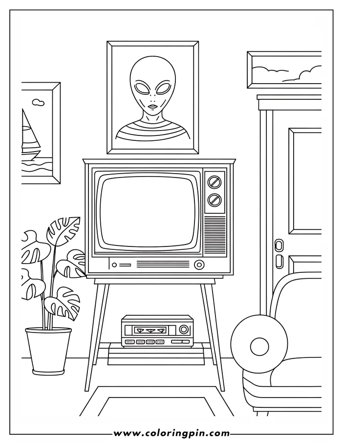 Line art of a living room scene with a retro television, VCR, monstera plant, alien artwork, and a partially visible armchair.