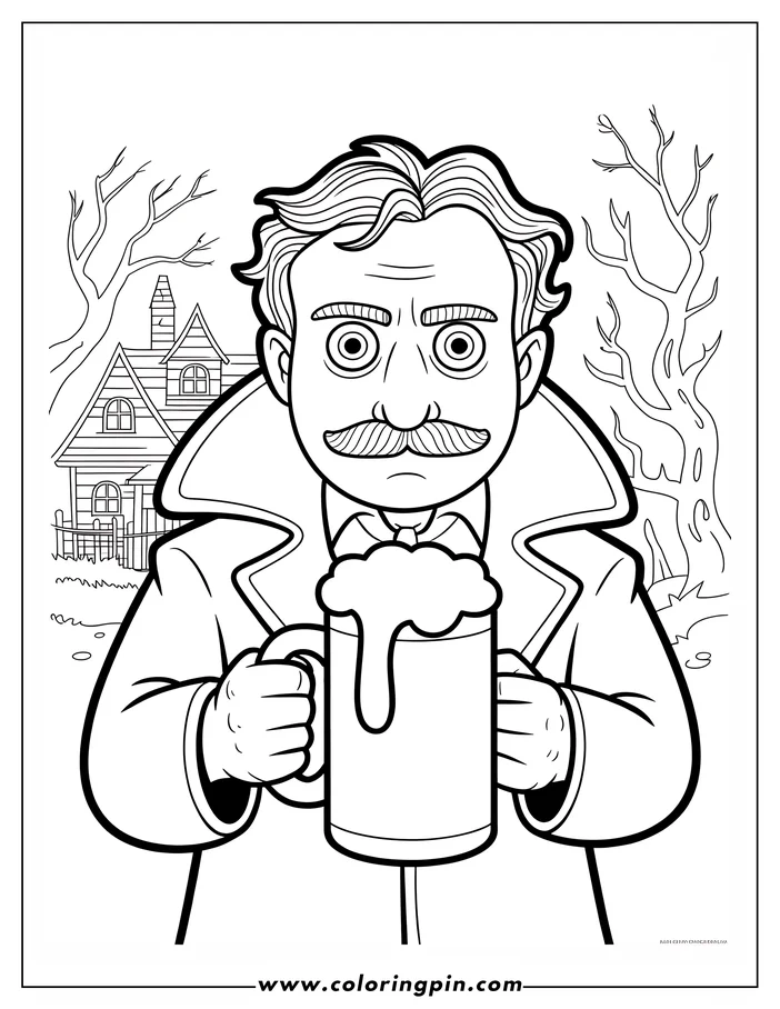 Line art of a man holding a beer mug with a spooky house in the background.