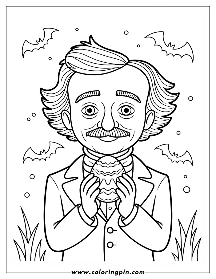 Line art of a man holding a decorated egg, surrounded by bats, with grass below.