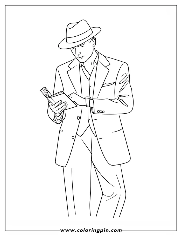 Line art of a man in a suit and fedora, reading a book. He's wearing a wristwatch and has a pocket square.