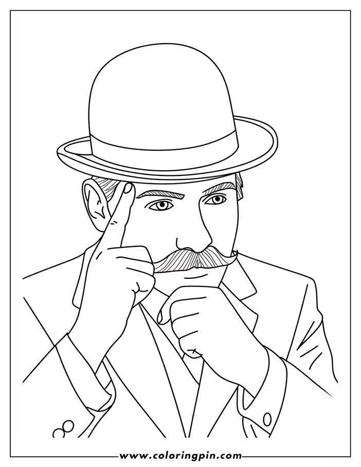 Line art of a man in a bowler hat and suit, deep in thought, touching his forehead.