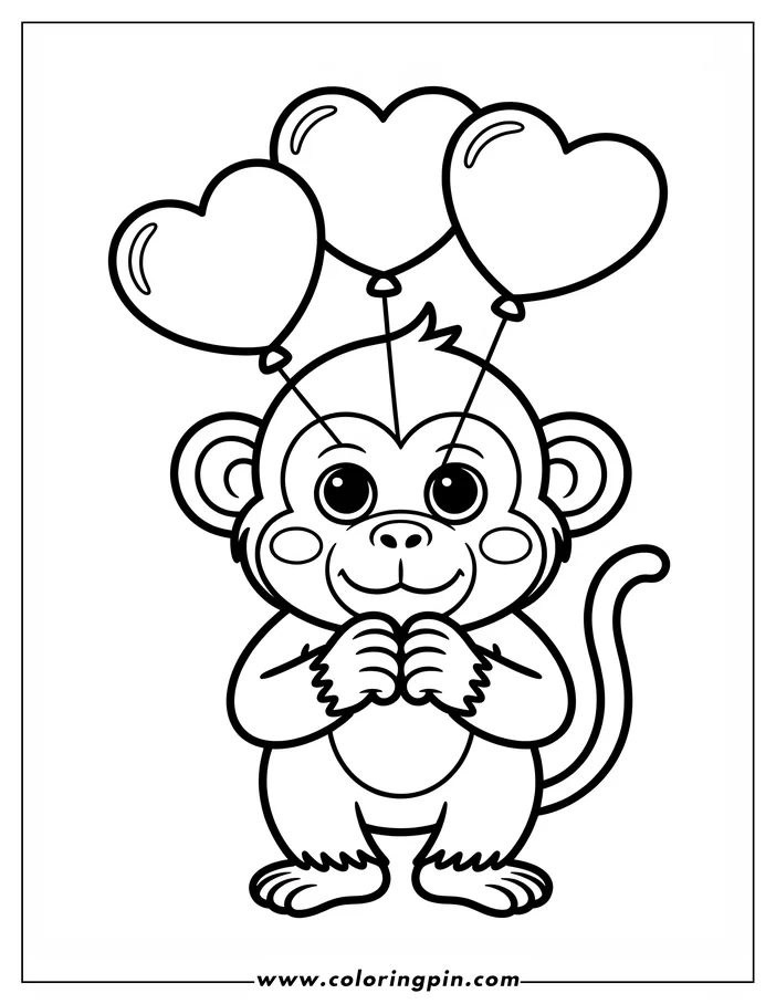 A cheerful cartoon monkey holds three heart balloons in a simple, child-friendly coloring page design for Valentine's Day.