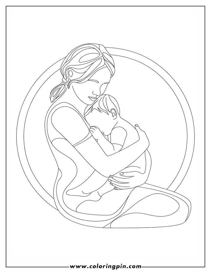 Line art of a mother cuddling her baby, framed within a circle.