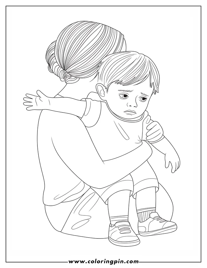 Line art of a mother holding her upset child. She has her arm around him in a comforting way.