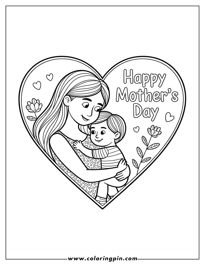 Heart-shaped Mother's Day coloring page design showing a mother with long hair hugging her child. The child, wearing a striped shirt, embraces the mother. Small hearts and a flower adorn the heart. The words "Happy Mother's Day" appear within the heart outline.