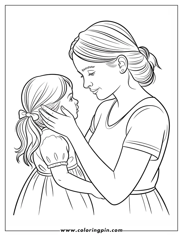 Line art of a mother and daughter looking at each other. The mother has her hand on the child's cheek. Both figures appear to be wearing dresses.