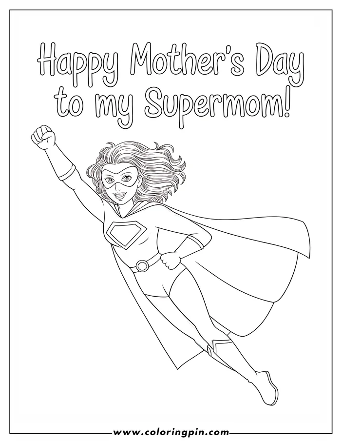 Line art of a Supermom soaring through the sky, a Mother's Day coloring page design. She wears a cape and a determined expression on her face.