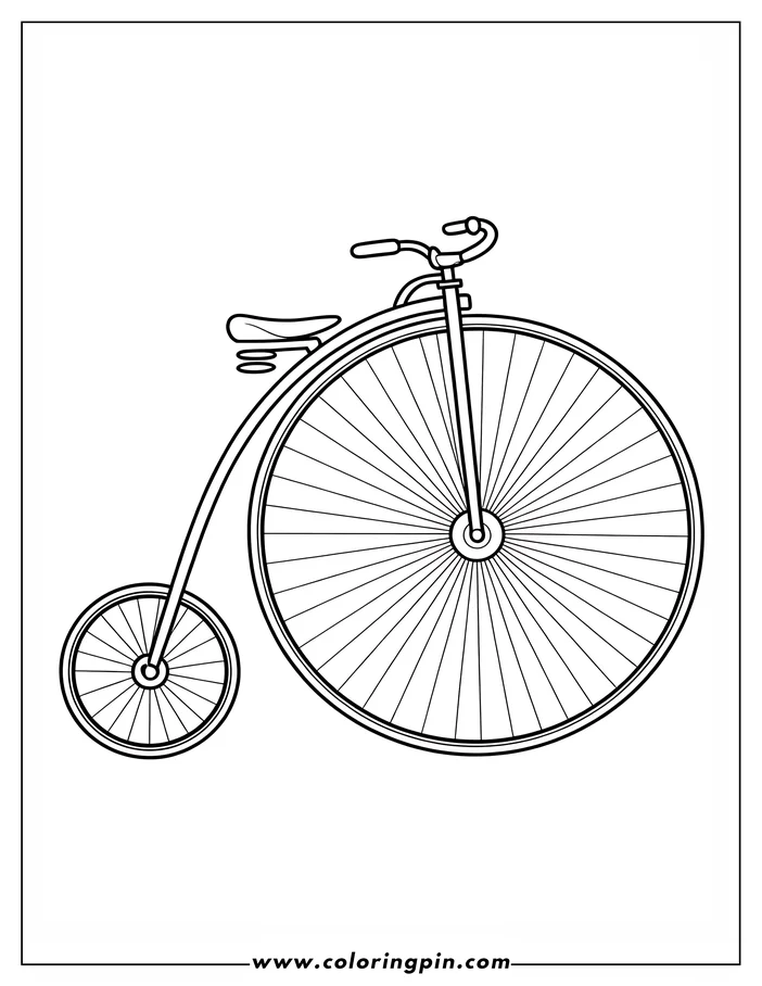 Outline of a penny-farthing bicycle with a large front wheel and small back wheel.