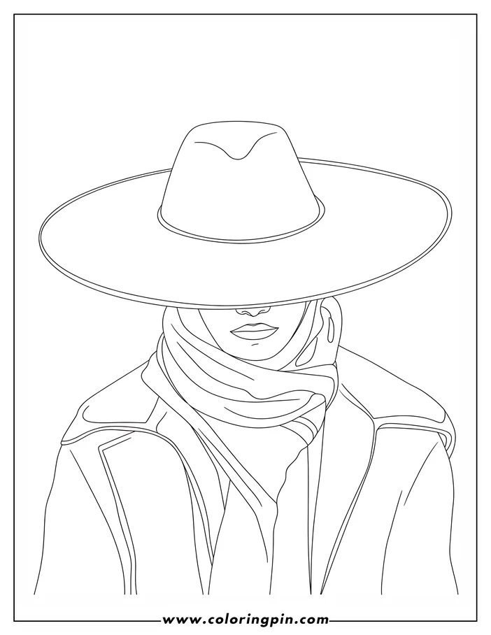 Line art of a person wearing a wide-brimmed hat and scarf, partially covering their face.