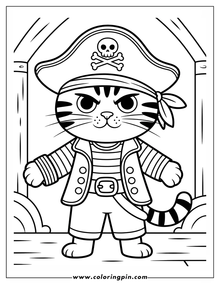 Line art of a cat dressed in pirate attire, including a hat with a skull and crossbones, striped shirt and jacket with buttons, and a bandana.  The cat stands on a wooden plank against a simple background, a coloring sheet design.