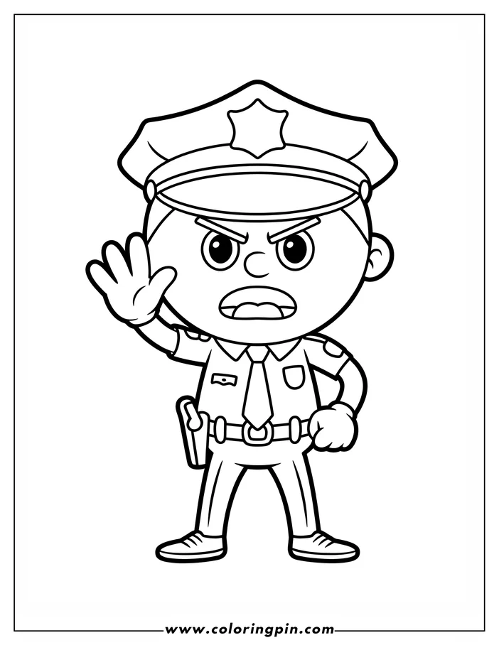 Outline of a cartoon police officer holding up one hand to signal stop. The officer is wearing a uniform and hat.