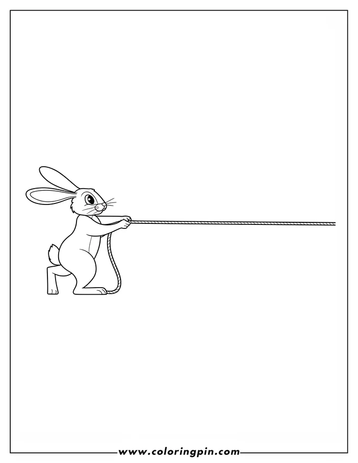 Line art of a rabbit pulling a rope.