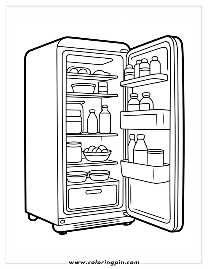 Outline of an open refrigerator, filled with various food items on its shelves, including milk, juice, eggs, fruits, and other containers.