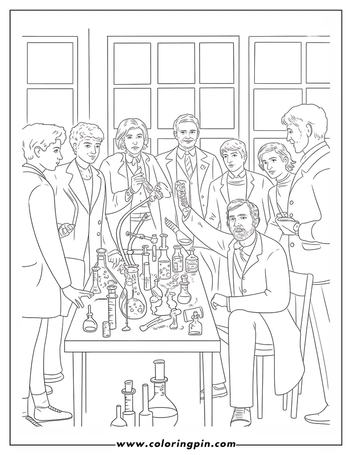 Line art of scientists in a laboratory setting, surrounded by various scientific glassware and equipment, appearing to conduct an experiment or discussion.