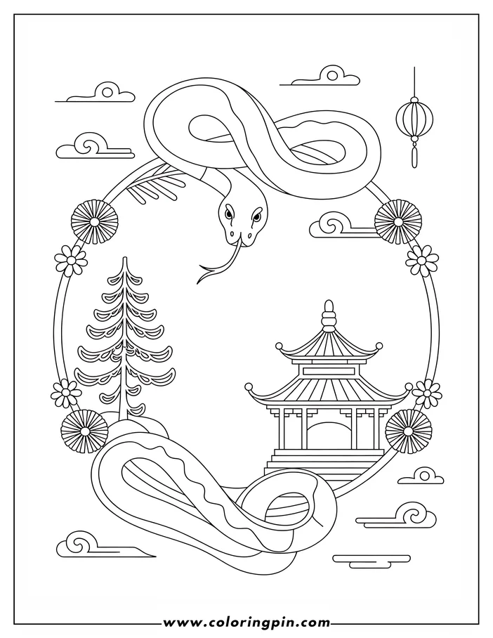Line art depicting a snake coiled around a circle enclosing a pagoda, a tree, flowers, and a lantern.