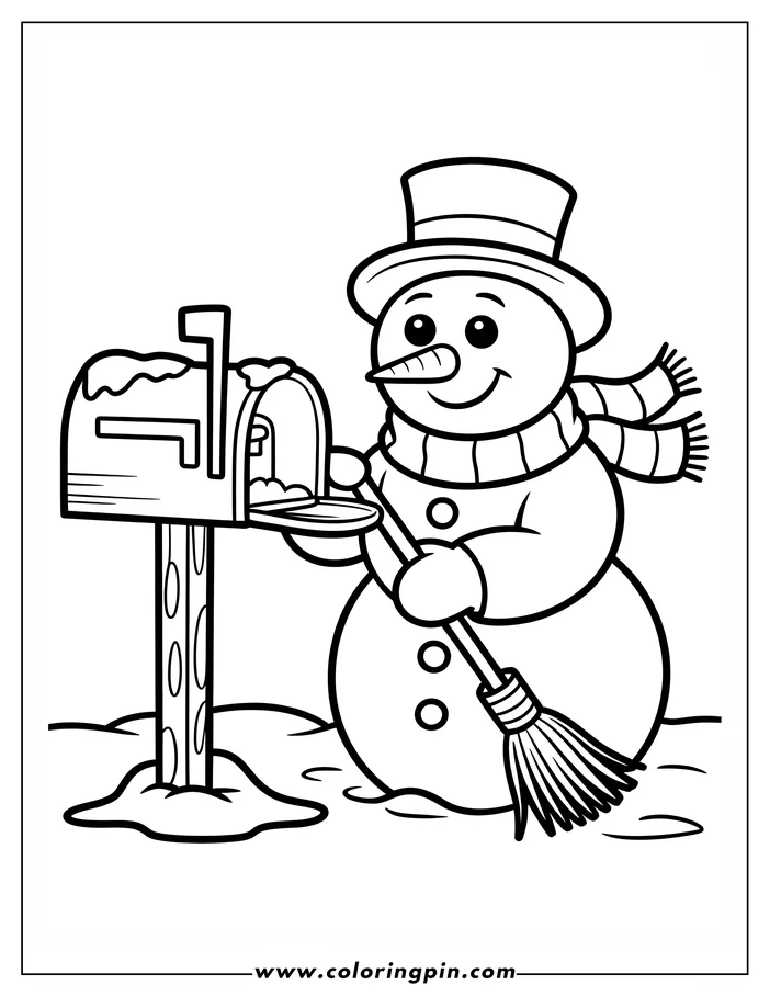 Simple line art for a winter coloring page, featuring a snowman in a top hat and scarf, holding a broom and opening a snow-covered mailbox. 