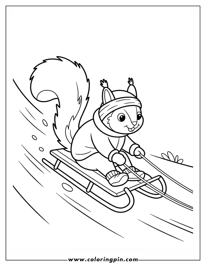 Line art of a squirrel wearing winter clothes, including a hat, jacket and mittens, sledding down a snowy hill. This is a coloring sheet design.