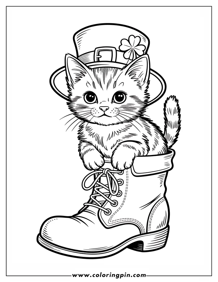 A line art drawing of a kitten wearing a St. Patrick's Day hat with a four-leaf clover perched inside a boot, designed as a coloring sheet. The kitten looks out from the top of the laced boot. Perfect for St. Patrick's Day coloring activities.