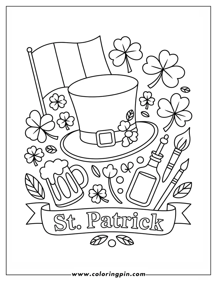 Line art illustration for a St. Patrick's Day coloring page. It depicts a leprechaun's hat, a glass of beer, shamrocks, and an Irish flag, all ready to be colored.