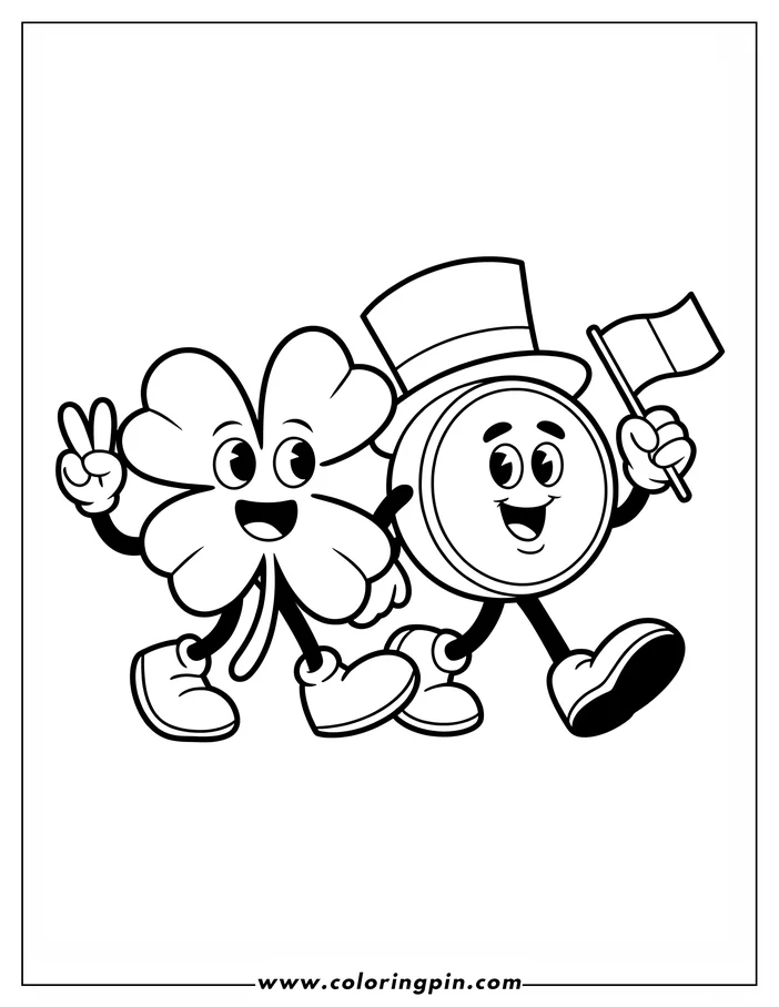Line art of St. Patrick's Day characters, a four-leaf clover and a leprechaun hat, walking together. The clover makes a peace sign and the hat holds a flag, designed as a coloring sheet.