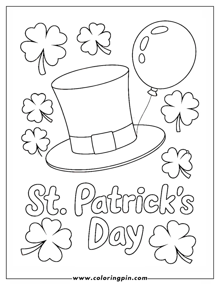 Line art illustration of a St. Patrick's Day coloring page featuring a leprechaun hat with a band, a balloon, and multiple shamrocks. The words "St. Patrick's Day" are also included in the design.