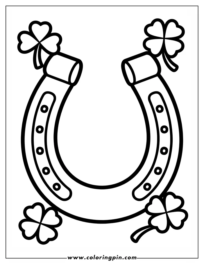 Line art of a horseshoe with shamrocks, a common symbol of St. Patrick's Day, designed as a coloring page.