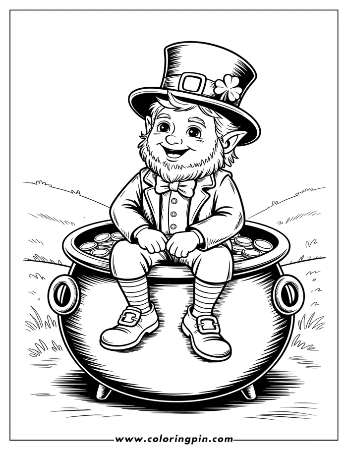 Line art of a St. Patrick's Day leprechaun sitting on a pot of gold. He wears a hat with a shamrock and smiles cheerfully. The pot overflows with coins, and the background features a simple grassy area. This is a coloring sheet design.