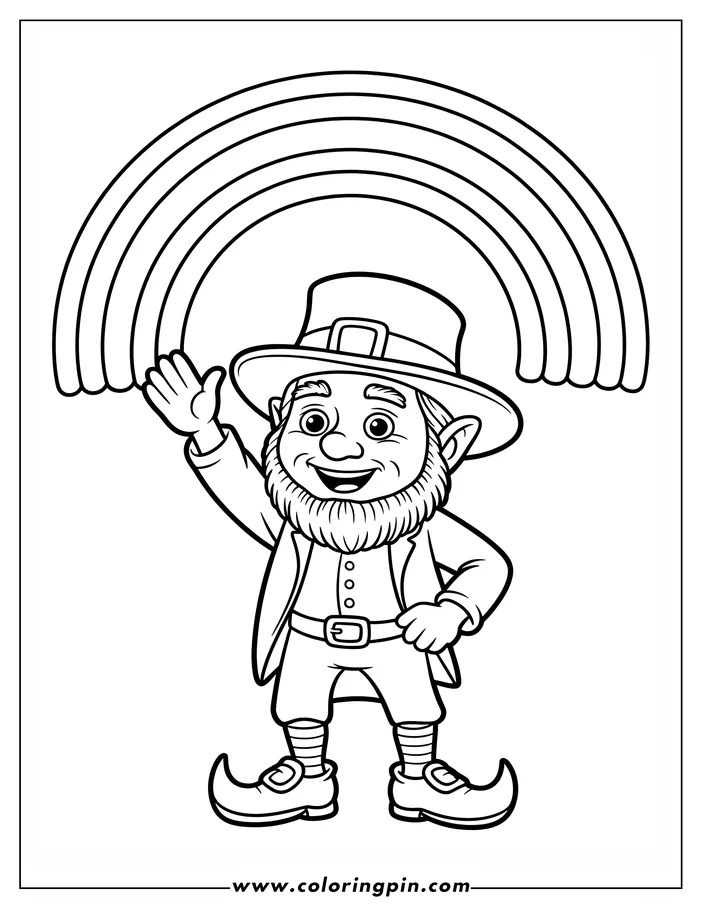 Line art of a St. Patrick's Day leprechaun standing under a rainbow. The leprechaun is wearing a hat, jacket, and buckled shoes. He is waving with a smiling expression. This is a coloring sheet design.