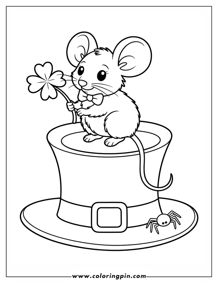 Line art of a St. Patrick's Day mouse holding a shamrock and sitting on top of a leprechaun's hat, with a small spider on the hat's brim.  A coloring sheet design.
