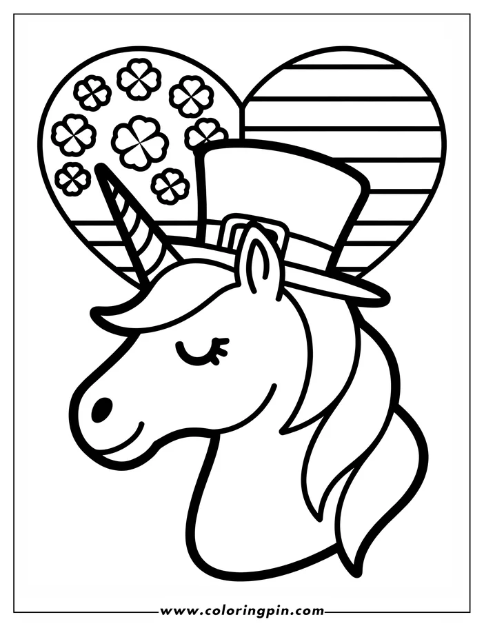 Line art of a unicorn wearing a leprechaun hat for St. Patrick's Day. The unicorn's head and mane are detailed, with a heart-shaped background filled with shamrocks and stripes, creating a festive coloring page design.