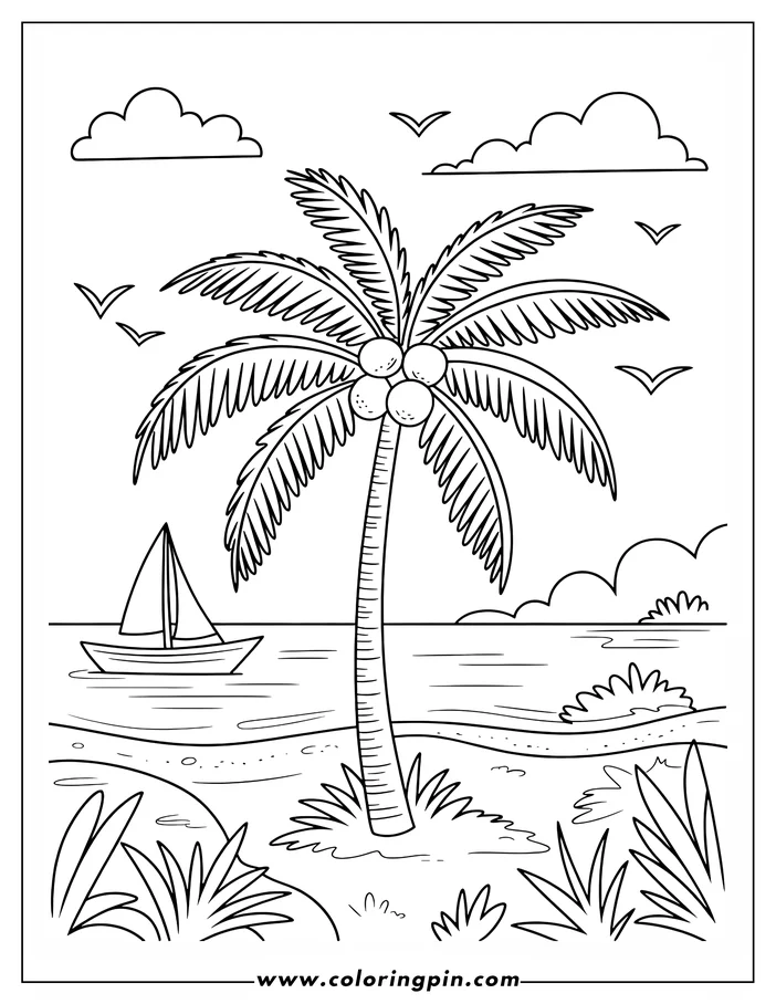Tropical summer beach scene coloring page with a palm tree and sailboat, a relaxing printable coloring sheet for kids and adults.