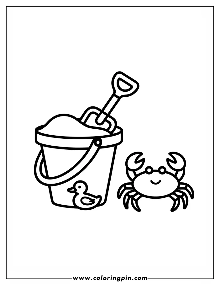 Summer beach toys coloring page, a fun printable for kids with sand pail, shovel, ducky, and crab.