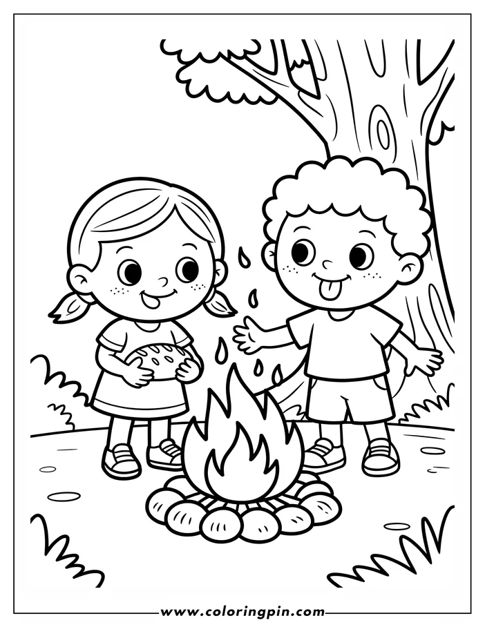 Summer campfire coloring page with two kids, a free printable coloring sheet for children's outdoor activities.