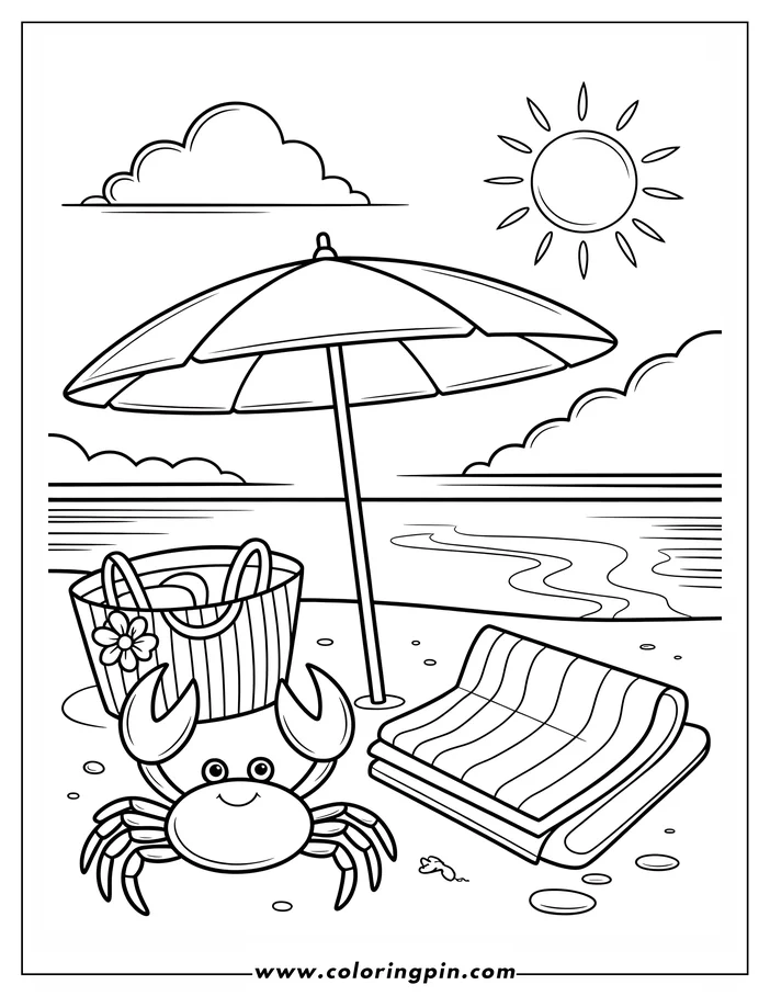 Cartoon crab on a summer beach coloring page, a cute and easy outline drawing for kids, free and printable.