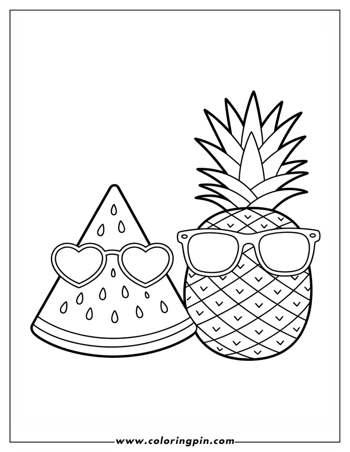 Summer fruits coloring page: pineapple and watermelon in sunglasses. A cute and easy printable coloring sheet for kids, free to download.