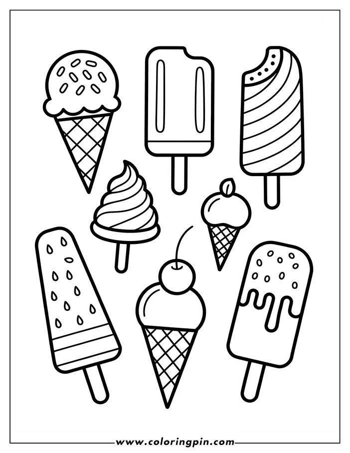 Summer ice cream treats coloring page, a fun and simple printable coloring sheet for kids and adults.