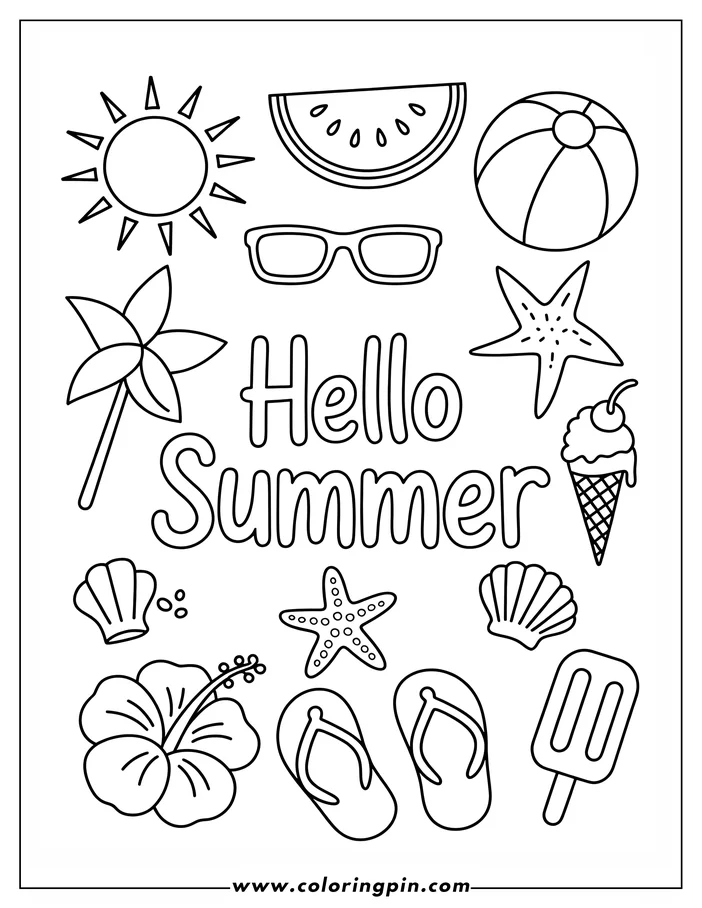 Summer items coloring page: sunglasses, flip-flops, beach ball, a printable outline drawing for kids' summer activities.