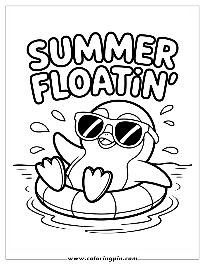Cute cartoon penguin floating on an inner tube coloring page, a fun summer printable for kids and adults.