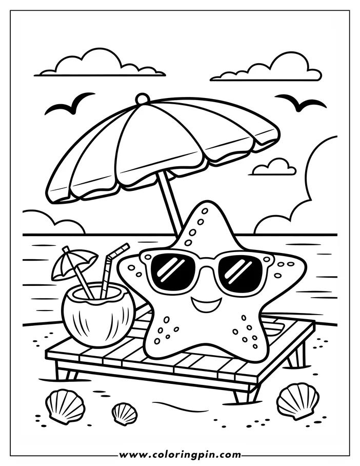 Cute cartoon starfish summer coloring page, a fun and easy printable coloring sheet for kids and adults.