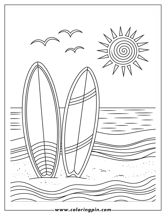 Summer surfboards on the beach coloring page, a simple printable coloring sheet for kids and adults.