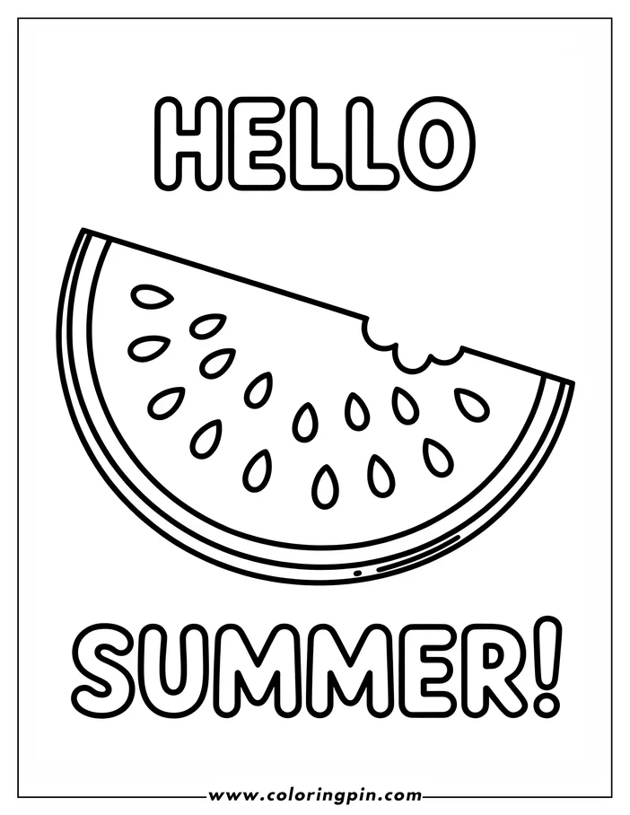 Summer watermelon slice coloring page, a simple and fun printable outline drawing for kids and adults.